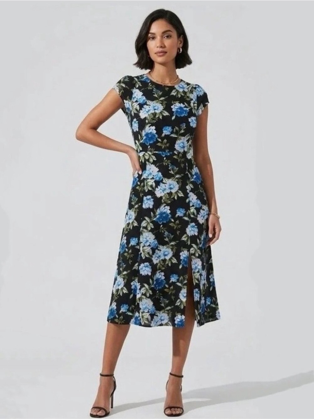 BR Floral Cap-Sleeve Midi Dress in Blue & Black